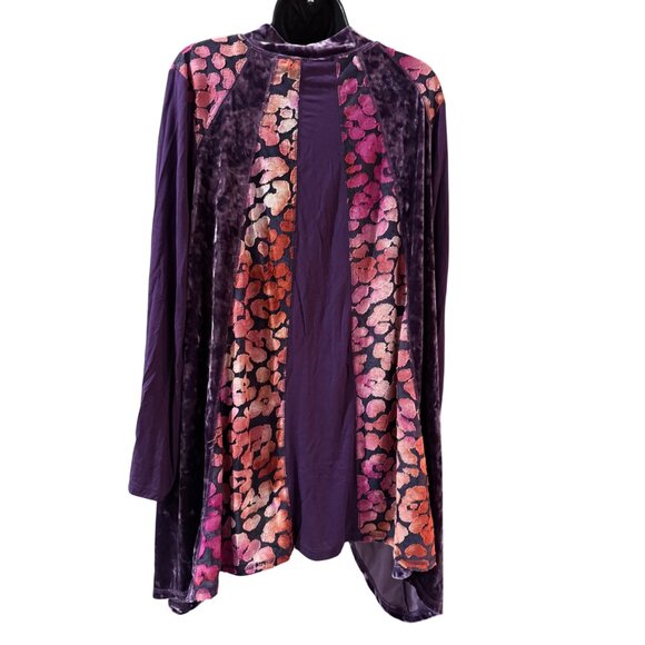LOGO Lavish Womens 1X Purple Velvet & Floral Print Tunic Top - Picture 2 of 7